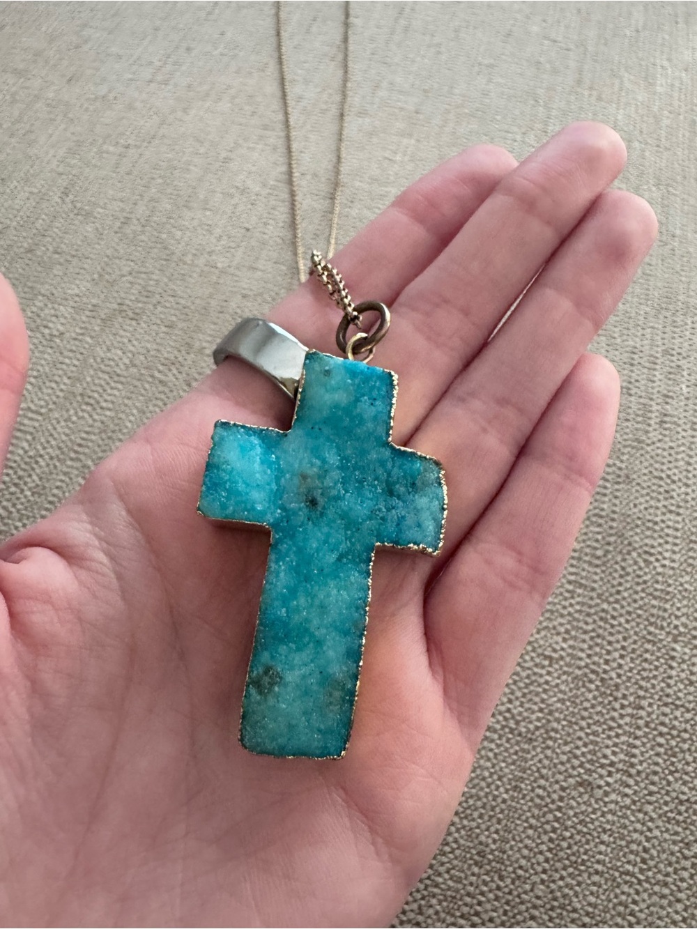 Blue Druzy Cross Pendant Long Necklace - Gold Dipped Trim